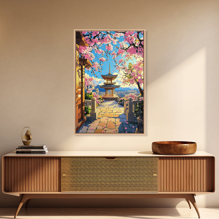 Hilltop Pagoda Under Pink Cherry Blossoms Canvas Print, Japanese Cityscape Wall Art, Bright Spring Decor For Living Room