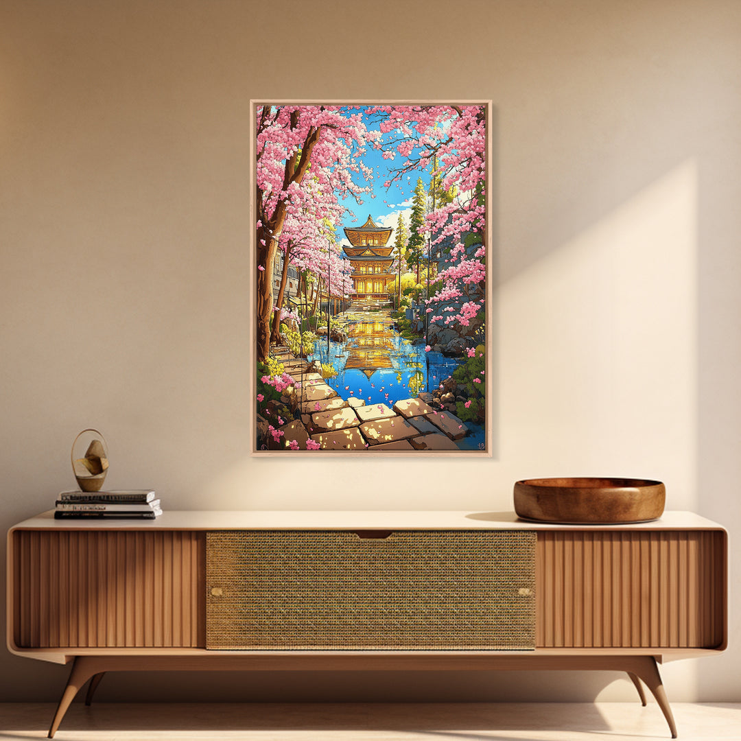 Golden Temple Reflected In Cherry Blossom Canal Wall Art, Japanese Garden Canvas Print, Colorful Spring Living Room Decor