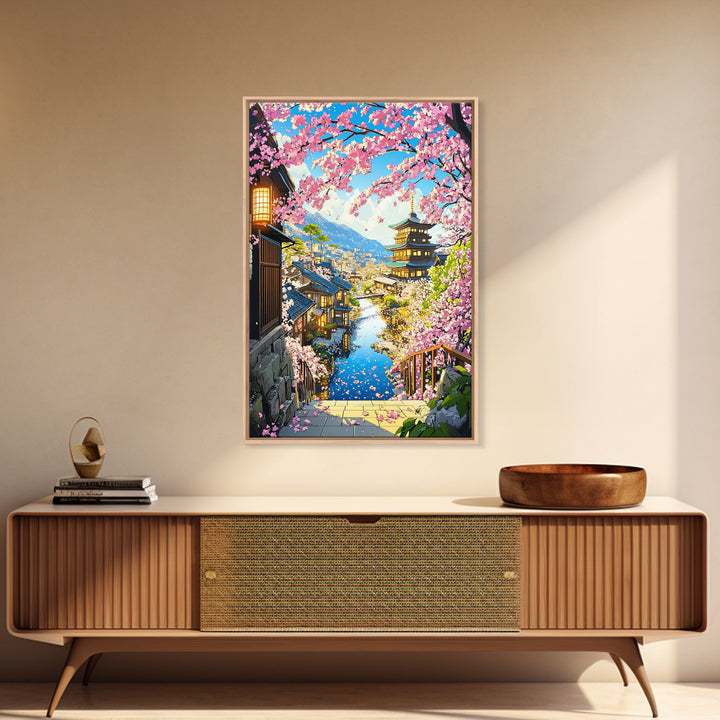 Cherry Blossom Hillside Town With Pagoda Framed Canvas Print, Japanese Cityscape Wall Art, Coastal Spring Home Decor Gift For Her