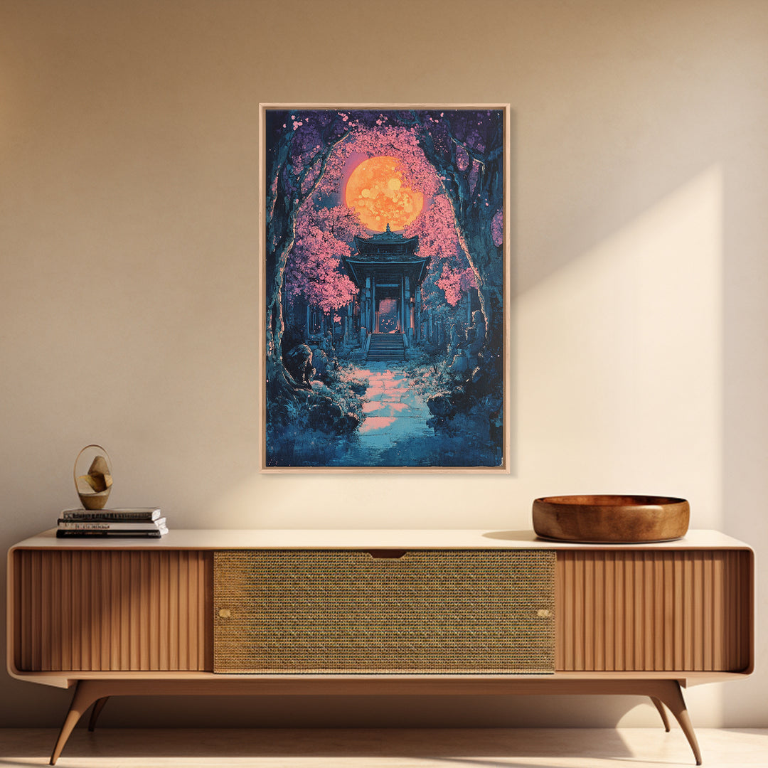 Full Moon Shrine In Pink Cherry Blossom Grove Wall Art, Mystical Japanese Landscape Print, Moody Celestial Bedroom Decor