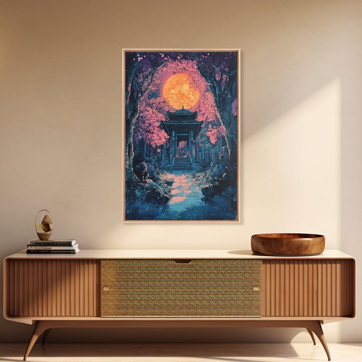 Full Moon Shrine In Pink Cherry Blossom Grove Wall Art, Mystical Japanese Landscape Print, Moody Celestial Bedroom Decor