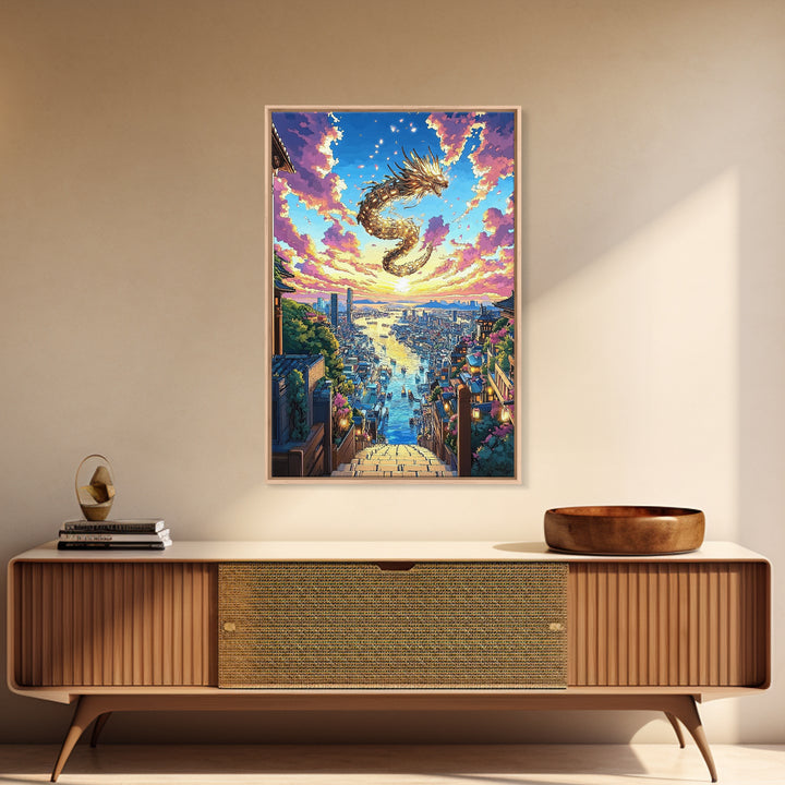 Golden Dragon City Sunset Canvas Print, Japanese Fantasy Wall Art, Vibrant Urban Landscape, Gamer Room Decor, Unique Gift
