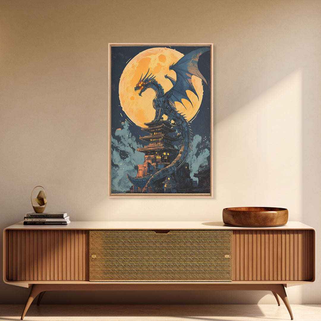 Full Moon Dragon Pagoda Wall Art, Dark Fantasy Print, Gothic Japanese Decor, Moody Canvas Wall Art Gift For Him, Office Decor