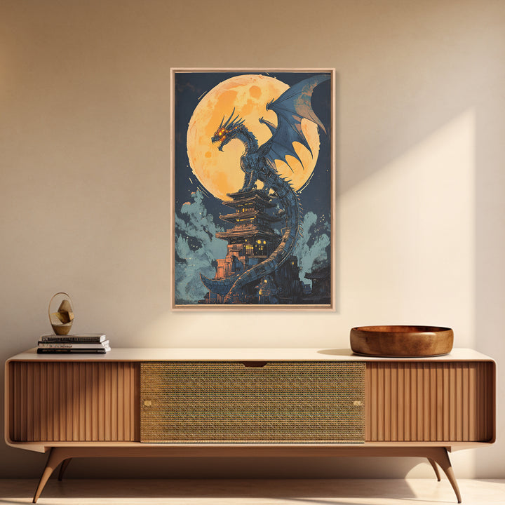 Full Moon Dragon Pagoda Wall Art, Dark Fantasy Print, Gothic Japanese Decor, Moody Canvas Wall Art Gift For Him, Office Decor