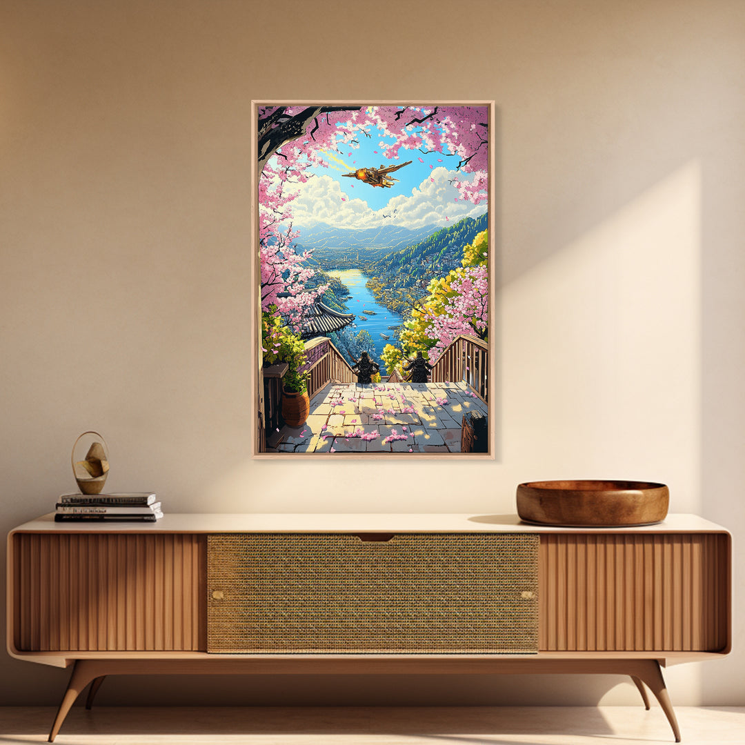 Airship Over Sakura Lake Wall Art, Fantasy Landscape Print, Japanese Mountain Decor, Whimsical Home Decor Gift For Her