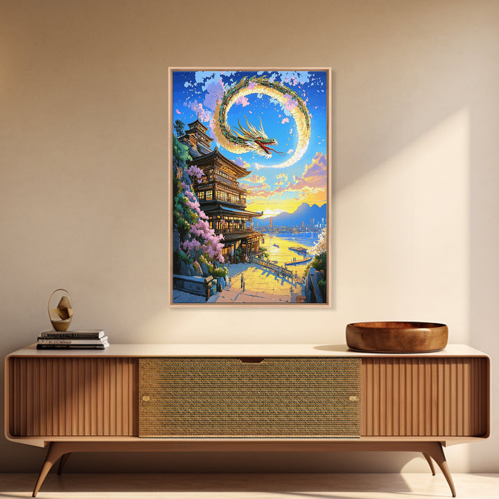 Crescent Dragon Seaside Temple Framed Canvas Print, Japanese Wall Art, Fantasy Coastal Decor, Statement Home Decor Gift