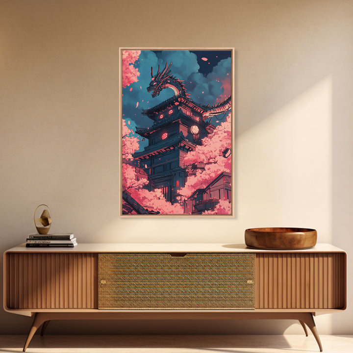 Cherry Blossom Dragon Tower Wall Art, Japanese Fantasy Canvas Print, Anime Pagoda Decor, Sakura Night Living Room Art Home Decor