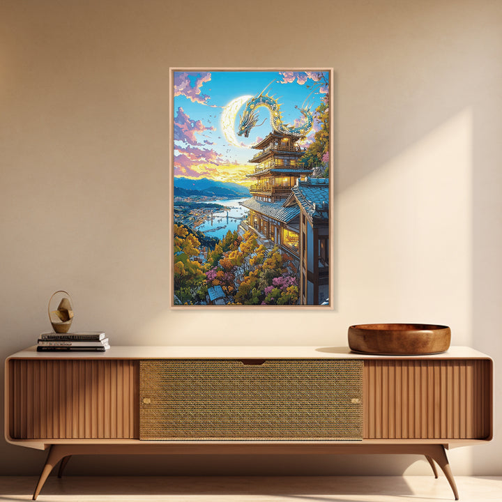 Golden Moon Dragon Temple Framed Canvas Print, Japanese Fantasy Wall Art, Sakura Landscape Decor, Living Room Art Home Decor