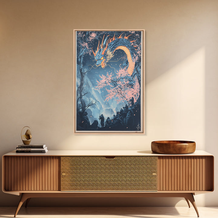 Blue Mountain Dragon Wall Art, Japanese Cherry Blossom Canvas Print, Ukiyo E Fantasy Decor, Asian Inspired Living Room Art Print