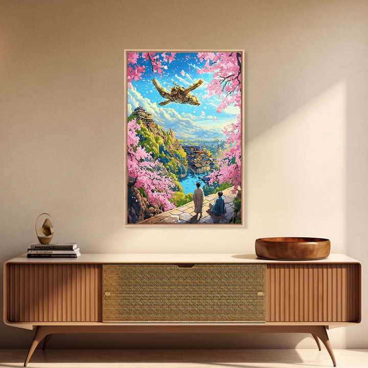 Flying Golden Airship Wall Art, Anime Sakura City Canvas Print, Japanese Fantasy Landscape Decor, Living Room Art Gift For Him