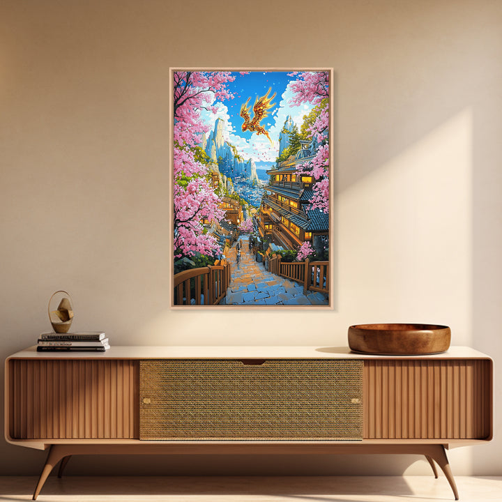 Golden Dragon Mountain Village Wall Art, Japanese Sakura Canvas Print, Anime Fantasy Landscape Decor, Colorful Living Room Art