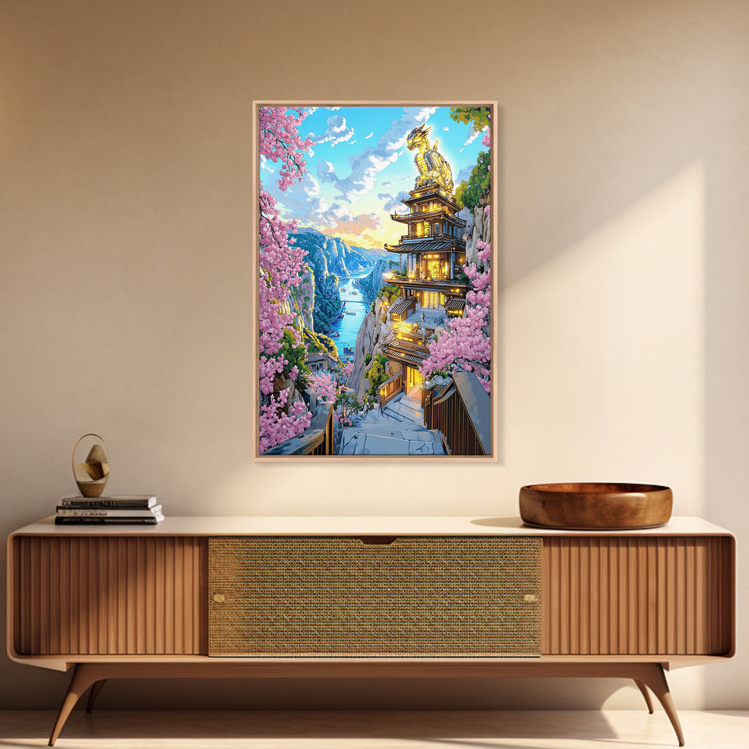 Cliffside Dragon Temple Framed Canvas Print, Sakura Mountain Landscape Wall Art, Japanese Fantasy Decor, Large Living Room Art