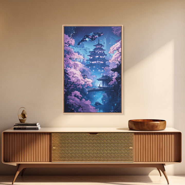 Futuristic Sakura Pagoda Wall Art, Purple Cherry Blossom Canvas Print, Sci Fi Japanese Landscape Decor, Bedroom Wall Art Gift For Her