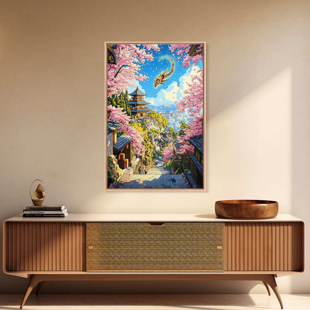 Golden Dragon Over Kyoto Pagoda Wall Art, Japanese Cherry Blossom Fantasy, Anime Landscape, Asian Home Decor, Living Room Art
