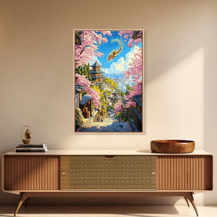 Golden Dragon Over Kyoto Pagoda Wall Art, Japanese Cherry Blossom Fantasy, Anime Landscape, Asian Home Decor, Living Room Art