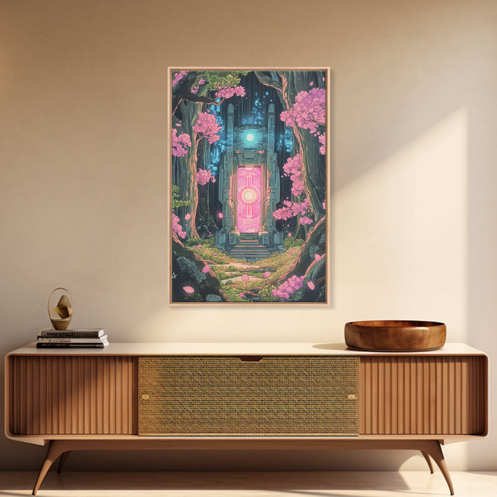 Neon Portal In Cherry Forest Framed Canvas Print, Cyberpunk Fantasy Wall Decor, Sci Fi Art, Modern Japanese Wall Art, Gaming Room Decor