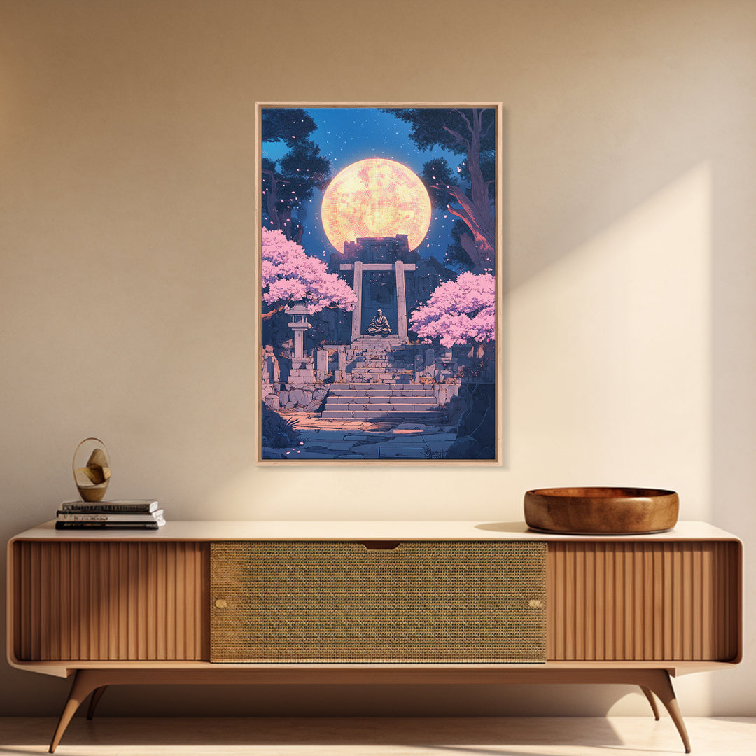 Glowing Moon Shrine With Meditating Monk Canvas Print, Japanese Wall Art, Cherry Blossom Decor, Zen Fantasy Living Room Art