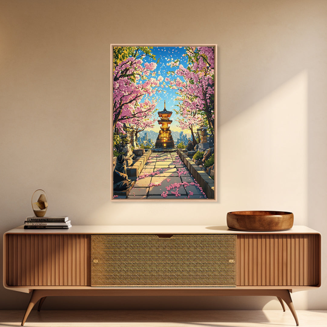 Cherry Blossom Pagoda Path Wall Art, Japanese Temple Landscape, Anime City Skyline, Spring Decor, Large Framed Canvas Print