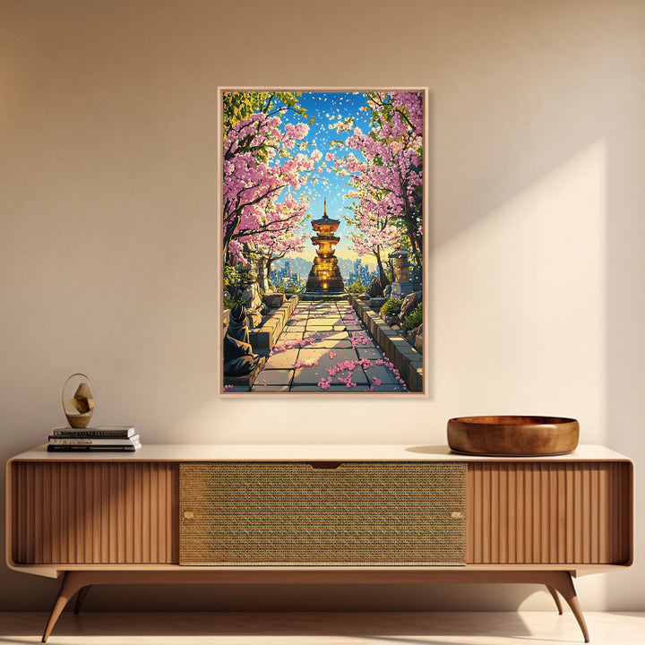 Cherry Blossom Pagoda Path Wall Art, Japanese Temple Landscape, Anime City Skyline, Spring Decor, Large Framed Canvas Print