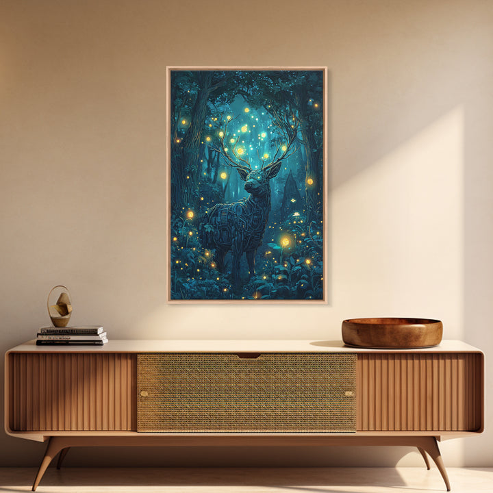 Mechanical Deer In Enchanted Forest Wall Art, Glowing Firefly Fantasy, Cyberpunk Animal Art, Whimsical Nature Canvas Print
