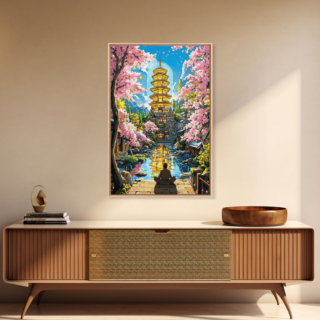 Golden Pagoda Reflecting On Canal Framed Canvas Print, Japanese Cherry Blossom Wall Art, Zen Landscape, Asian Home Decor