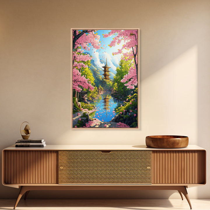 Cherry Blossom River Pagoda Canvas Print, Japanese Mountain Landscape Wall Art, Spring Nature Decor, Calming Living Room Art