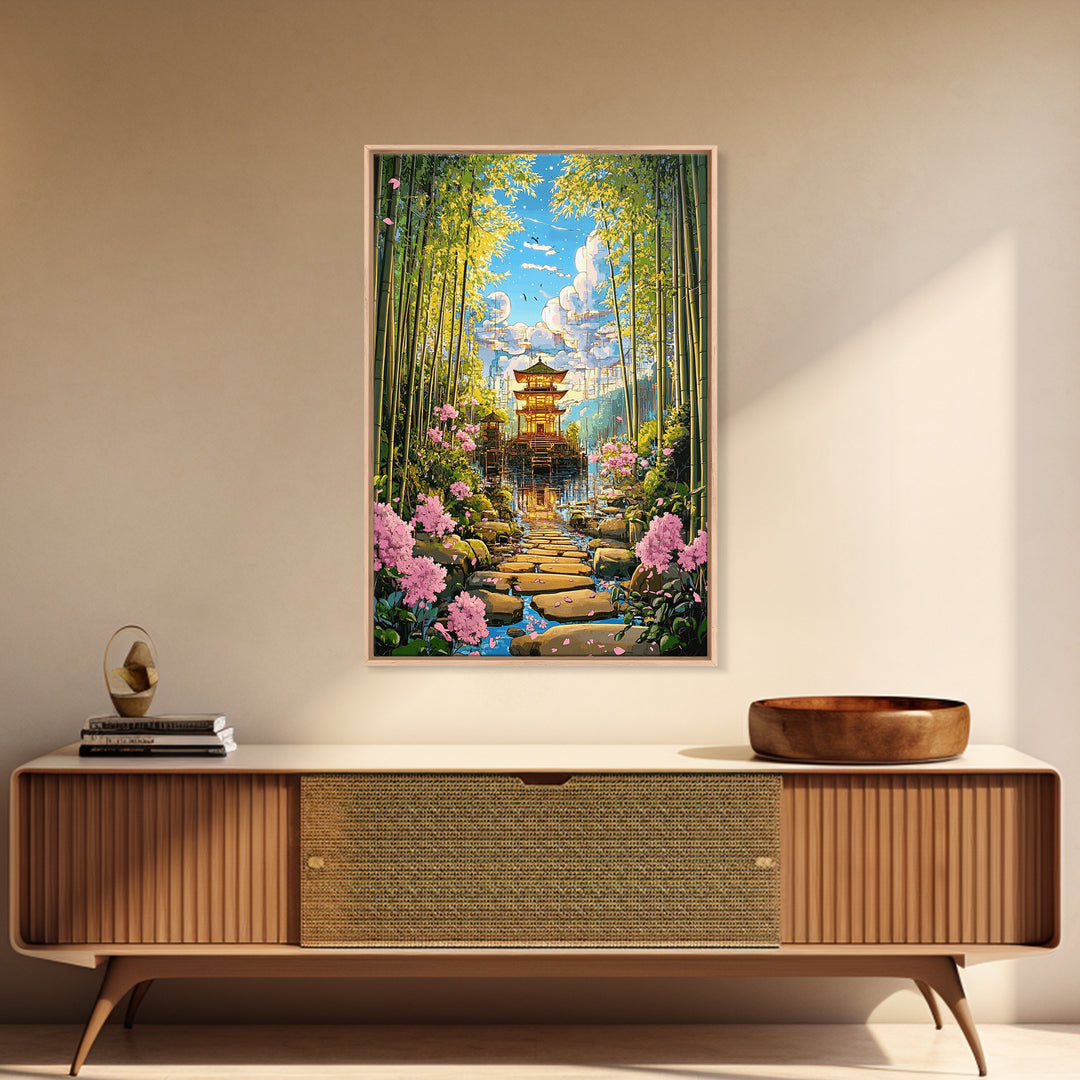 Bamboo Grove Temple Over Water Wall Art, Japanese Zen Landscape, Cherry Blossom Path, Japandi Decor, Framed Canvas Print