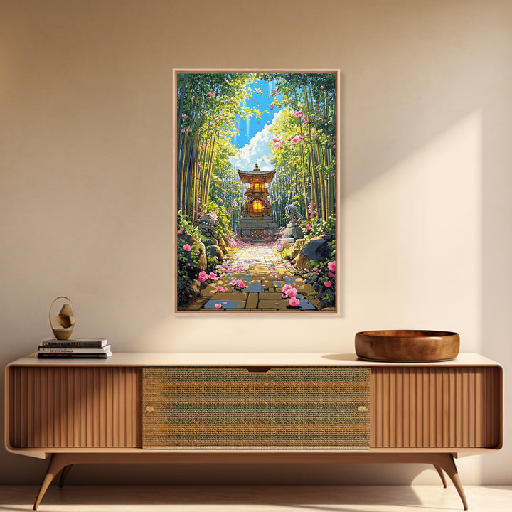 Sunlit Bamboo Garden Shrine Wall Art, Japanese Lantern Path, Pink Flower Decor, Zen Nature Art, Large Framed Canvas Print