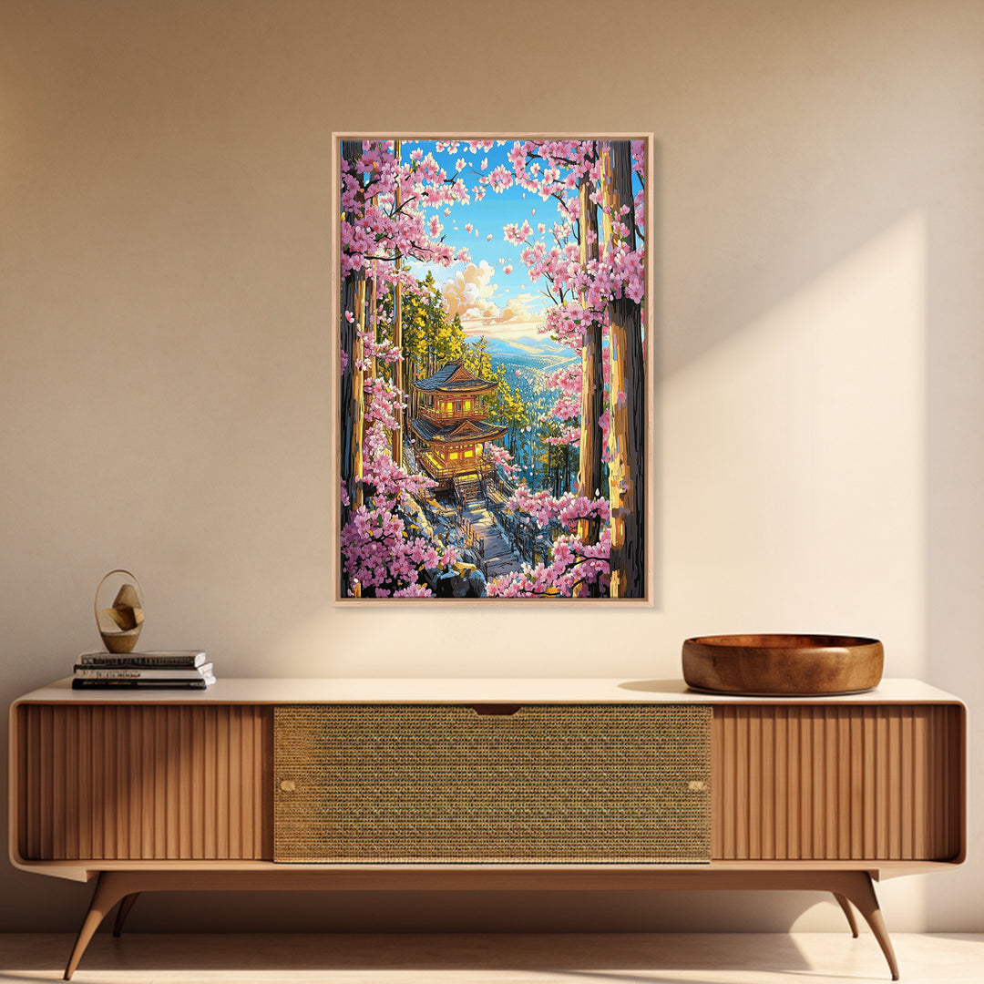 Cherry Blossom Pagoda Forest Wall Art, Japanese Landscape Canvas, Sakura Temple Print, Japandi Home Decor Gift For Living Room