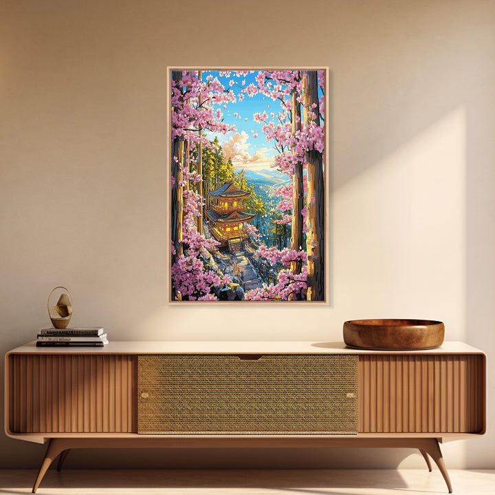 Cherry Blossom Pagoda Forest Wall Art, Japanese Landscape Canvas, Sakura Temple Print, Japandi Home Decor Gift For Living Room