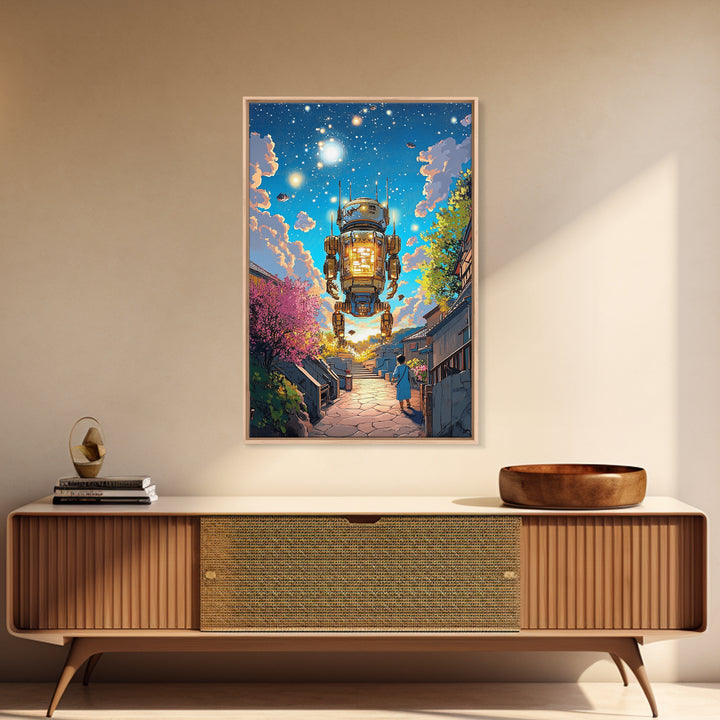 Floating Lantern Robot Wall Art, Futuristic Japanese Street Canvas Print, Cyberpunk Sakura Village Sci Fi Home Decor Gift