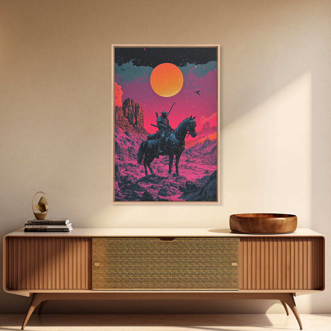 Samurai Horseback Desert Wall Art, Orange Sun Western Japanese Canvas Print, Retro Futuristic Warrior Decor Gift For Man Cave