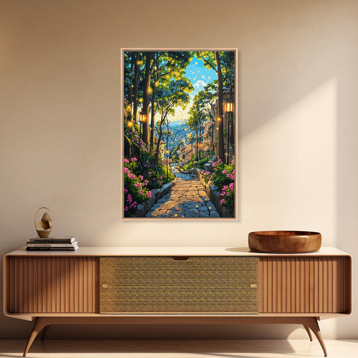 Glowing Forest Stairway Wall Art, Lantern Garden Path Canvas Print, Whimsical Coastal Village Decor For Living Room Gift