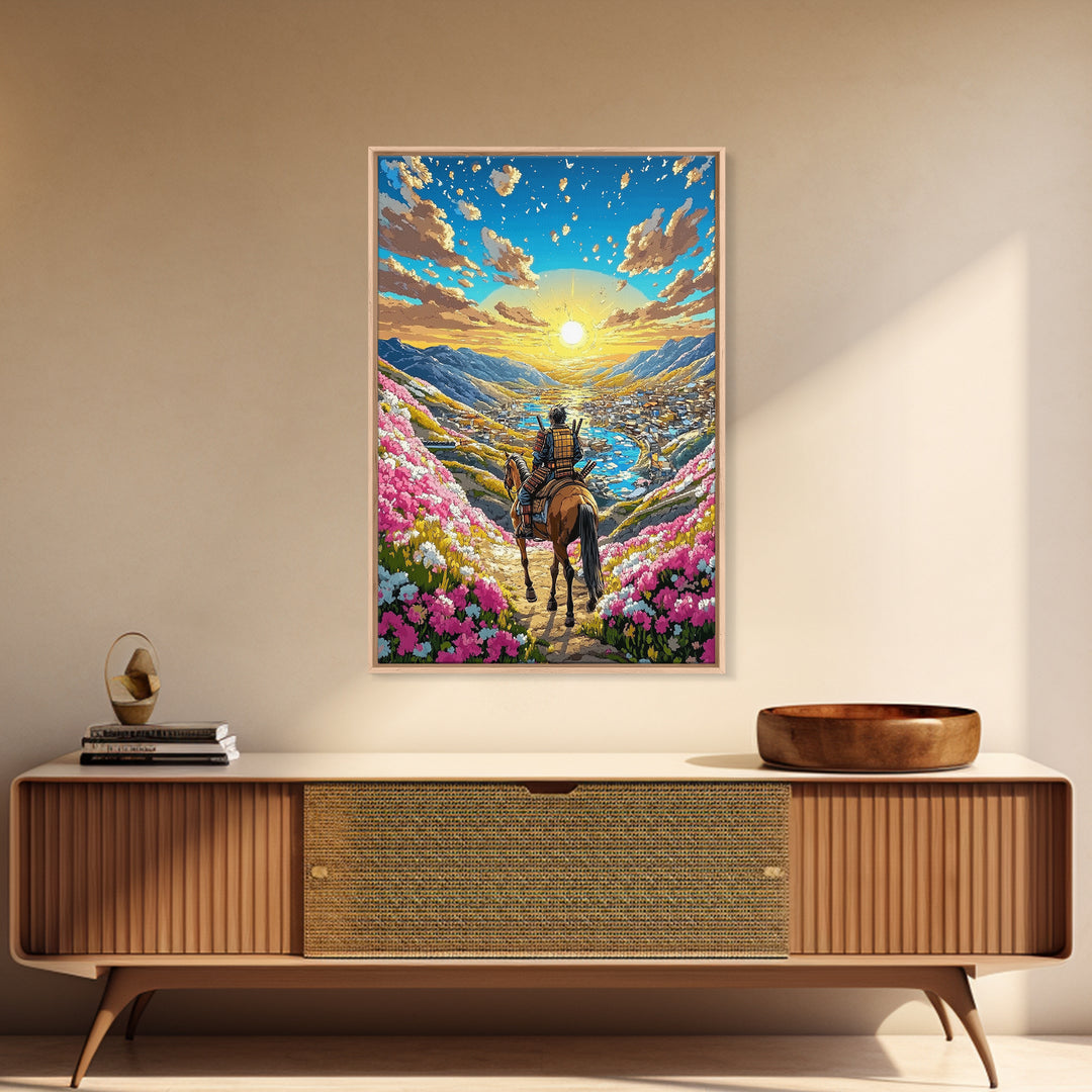 Horseback Warrior Valley Wall Art, Sunrise Mountain Landscape Canvas Print, Pink Flower Meadow Japanese Decor Gift For Home