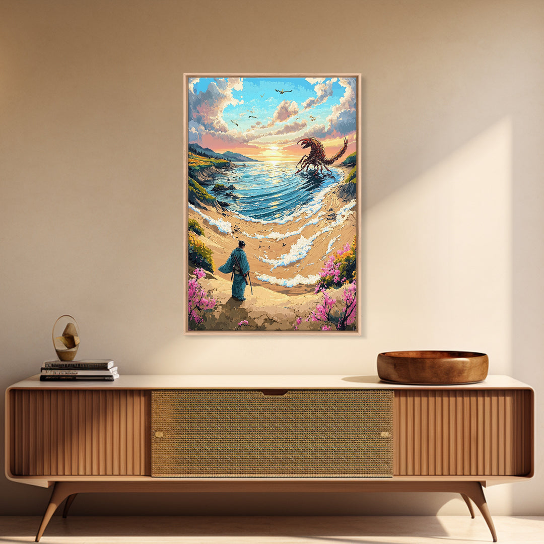 Giant Scorpion Seaside Wall Art, Samurai Beach Landscape Canvas Print, Fantasy Ocean Monster Japanese Decor Gift For Home