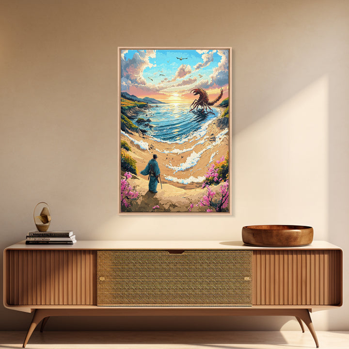 Giant Scorpion Seaside Wall Art, Samurai Beach Landscape Canvas Print, Fantasy Ocean Monster Japanese Decor Gift For Home