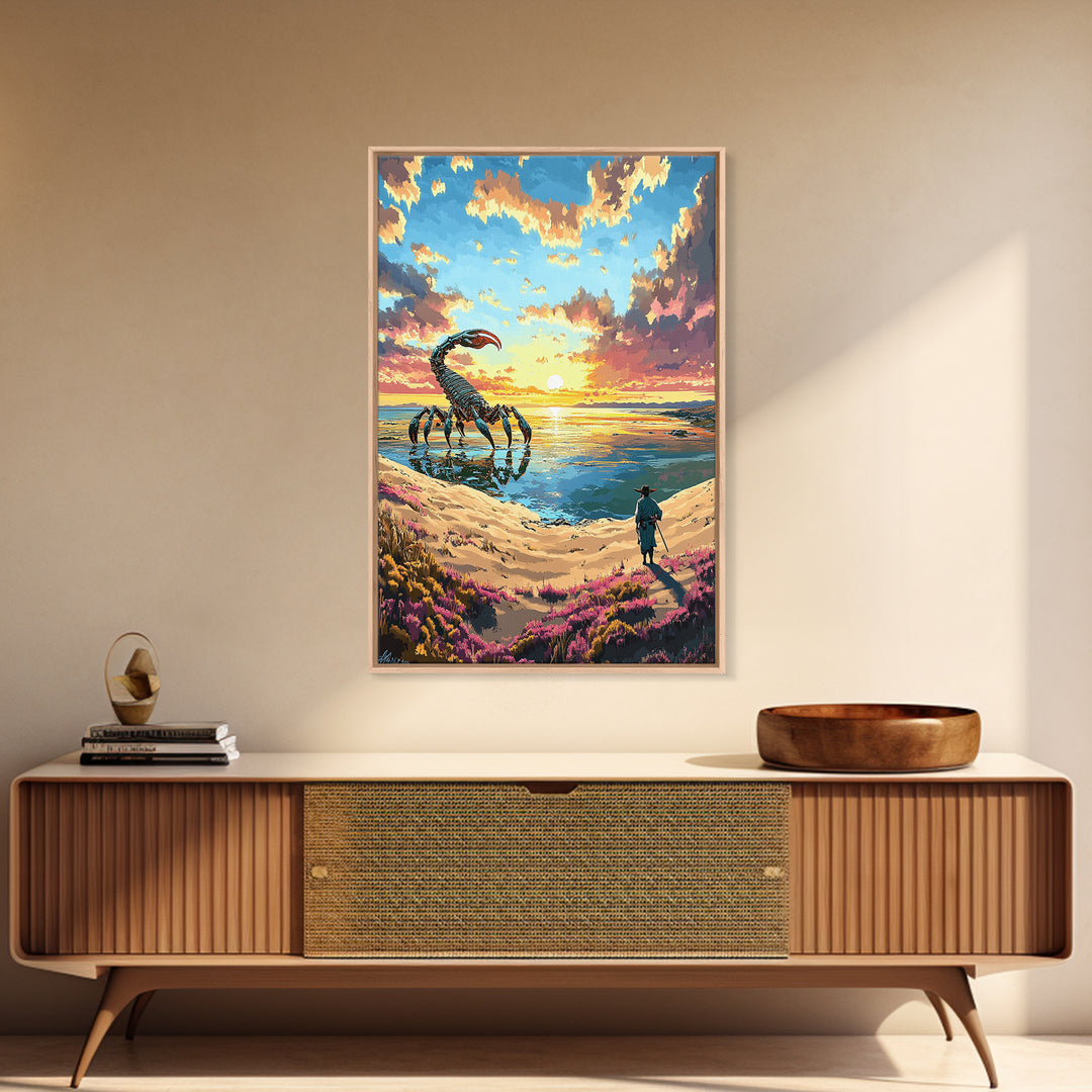 Giant Scorpion Beach Sunset Wall Art, Surreal Fantasy Landscape Canvas, Coastal Sci Fi Decor, Unique Gift For Him, Statement Artwork