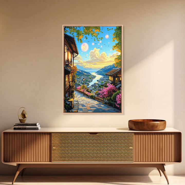 Magical Japanese Lakeside Village Canvas Print, Sunset Mountain Wall Decor, Cherry Blossom Art, Japandi Home Decor Gift Idea