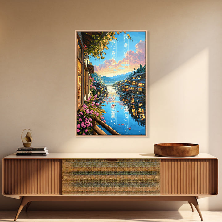 Glowing Canal Village Framed Canvas Print, Japanese Landscape Wall Art, Cherry Blossom Decor, Fantasy Travel Poster Gift