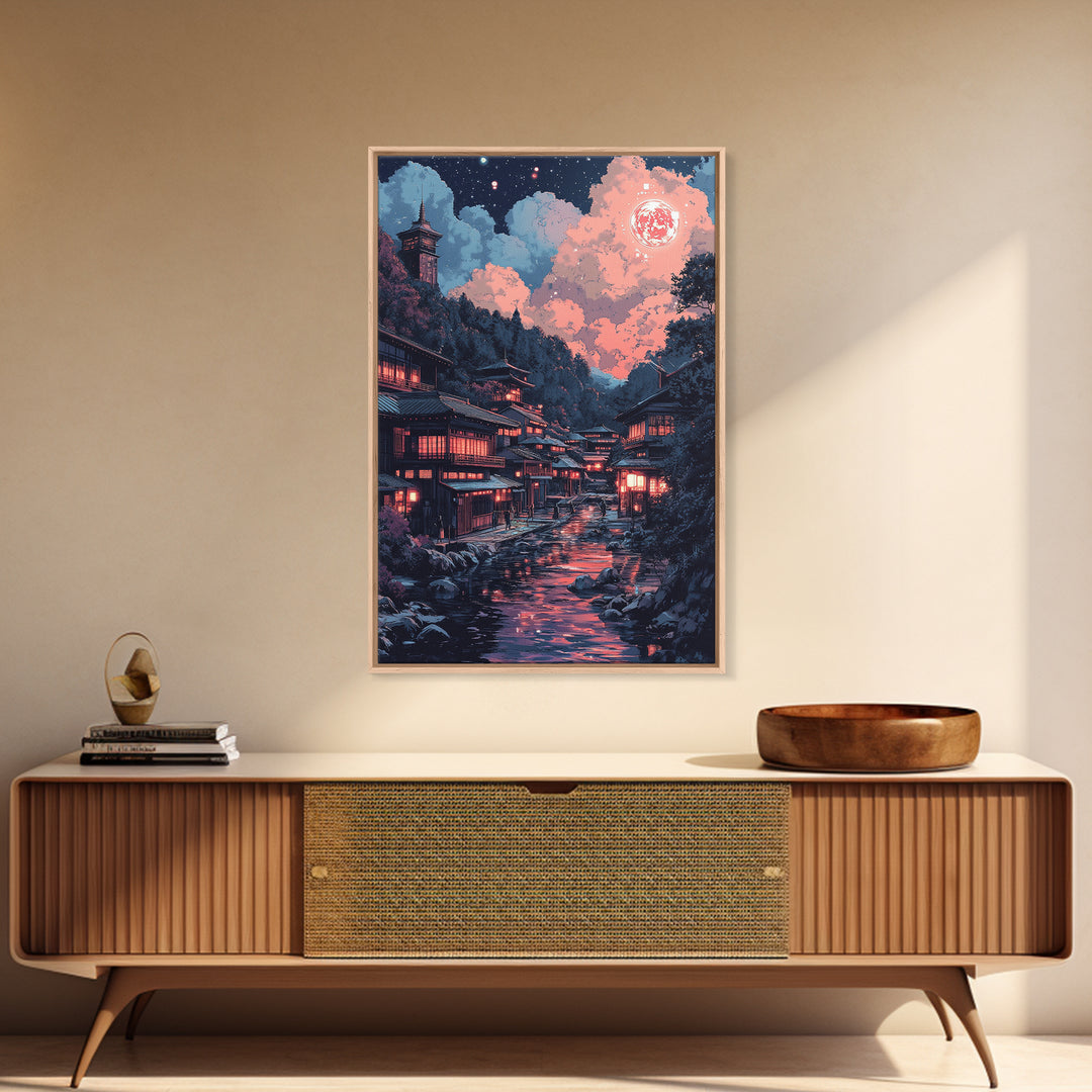 Red Moon Japanese River Village Wall Art, Night Lantern Landscape, Dark Academia Decor, Moody Fantasy Canvas Print For Living Room