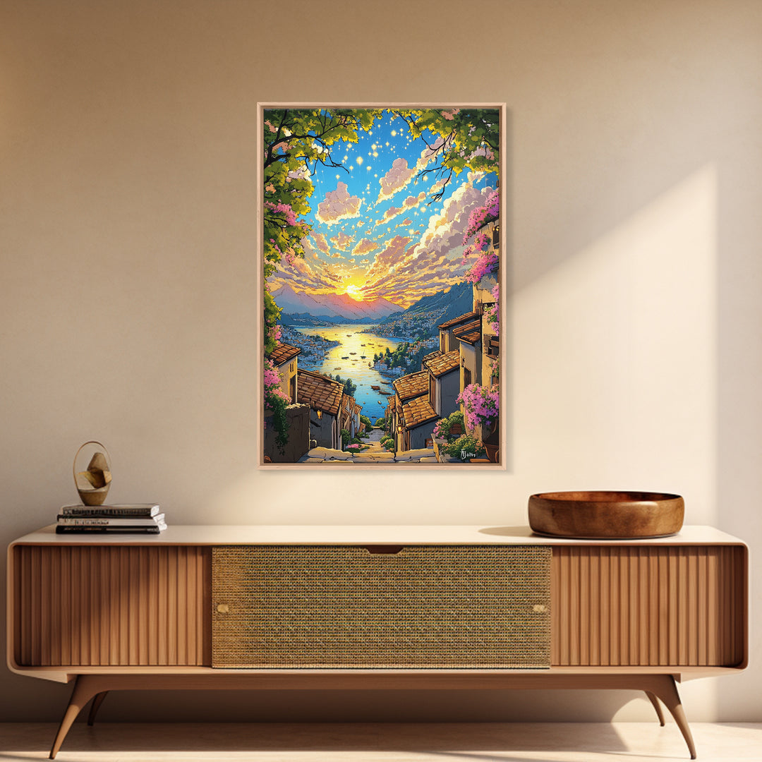 Italian Hillside Village Sunset Canvas Print, Coastal Lake Wall Art, Mediterranean Decor, Romantic Travel Poster Gift Idea