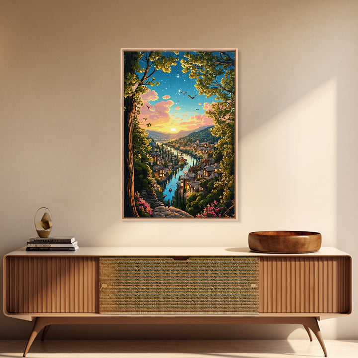 Sunset River City Through Forest Wall Art, Starry Landscape Canvas, Nature Decor, Cozy Living Room Art Print Gift For Her