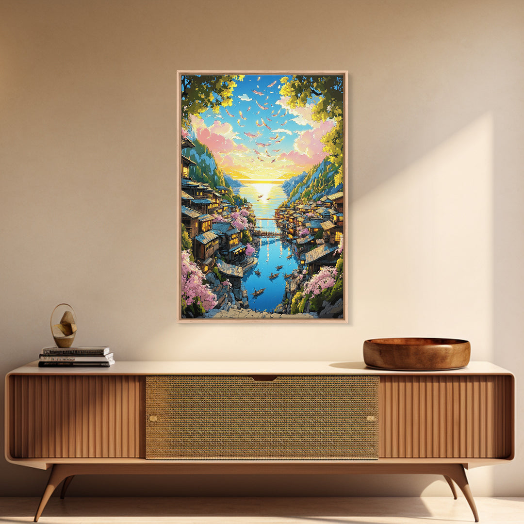 Cherry Blossom Coastal Village Canvas Print, Japanese Seascape Wall Art, Pink Floral Decor, Peaceful Travel Poster Gift Idea