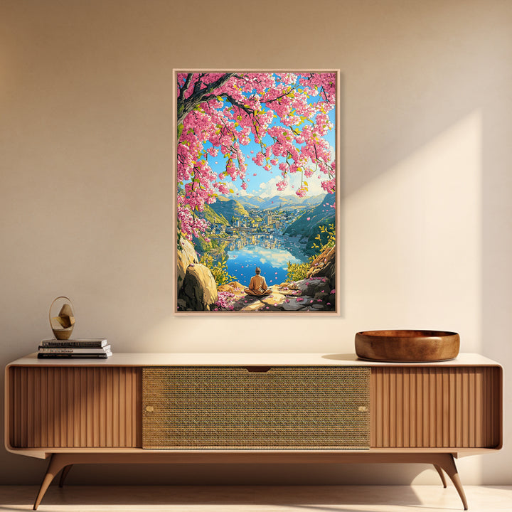 Cherry Blossom Lake Meditation Canvas Print, Japanese Mountain Wall Art, Spring Nature Decor, Peaceful Zen Gift For Her Idea