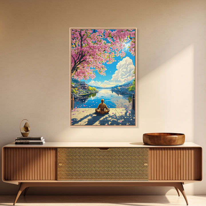 Meditating Samurai Under Pink Cherry Blossoms Wall Art, Japanese Landscape Canvas, Zen Decor, Living Room Art Print, Home Decor