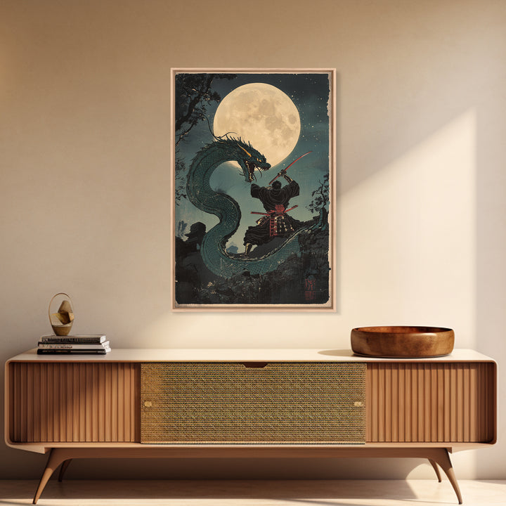 Moon Dragon Duel With Armored Samurai Framed Canvas Print, Japanese Fantasy Wall Art, Dark Academia Decor, Gift For Him, Office Decor