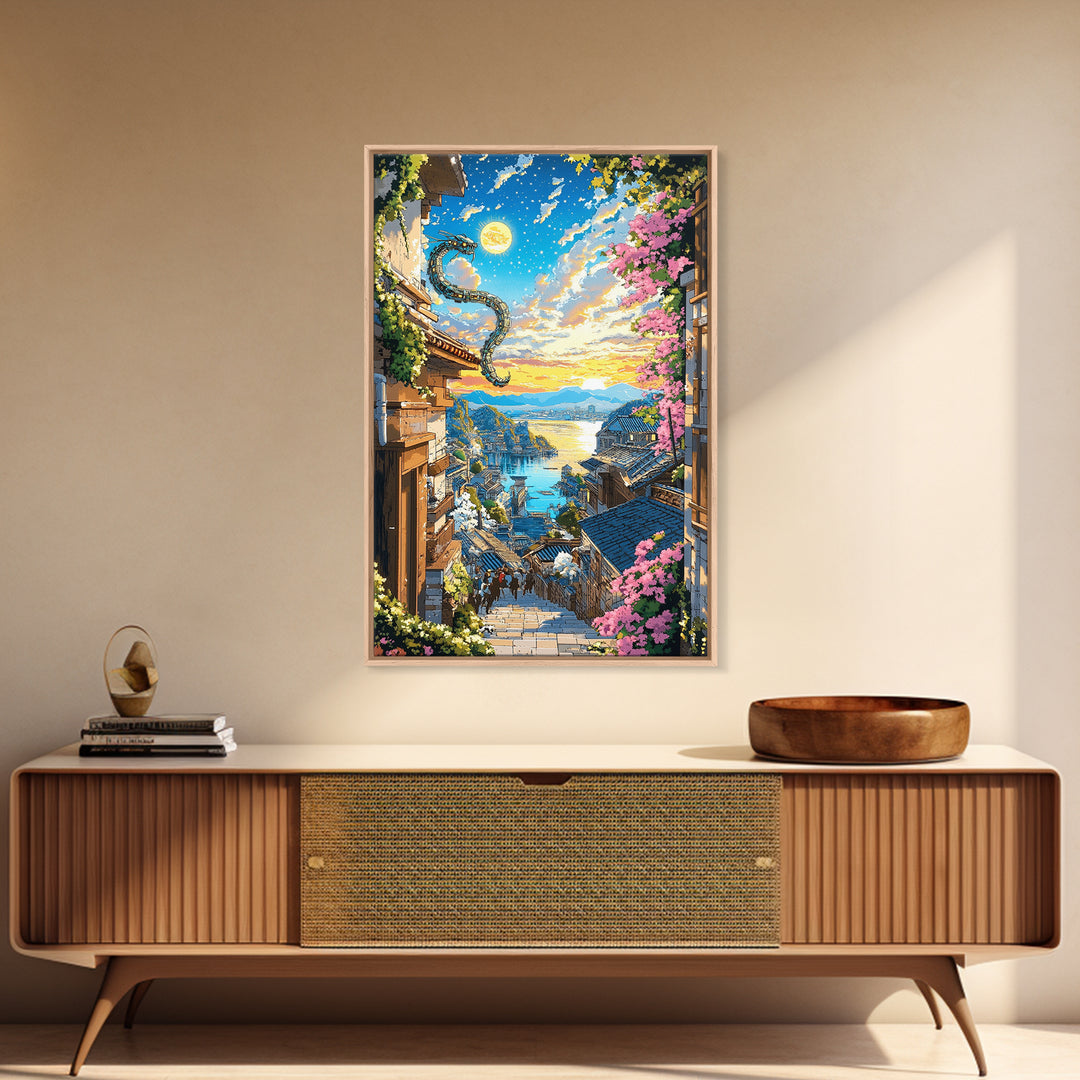 Dragon Over Sunlit Coastal Stairway Canvas Print, Japanese Village Wall Art, Cherry Blossom Decor, Fantasy Landscape Print