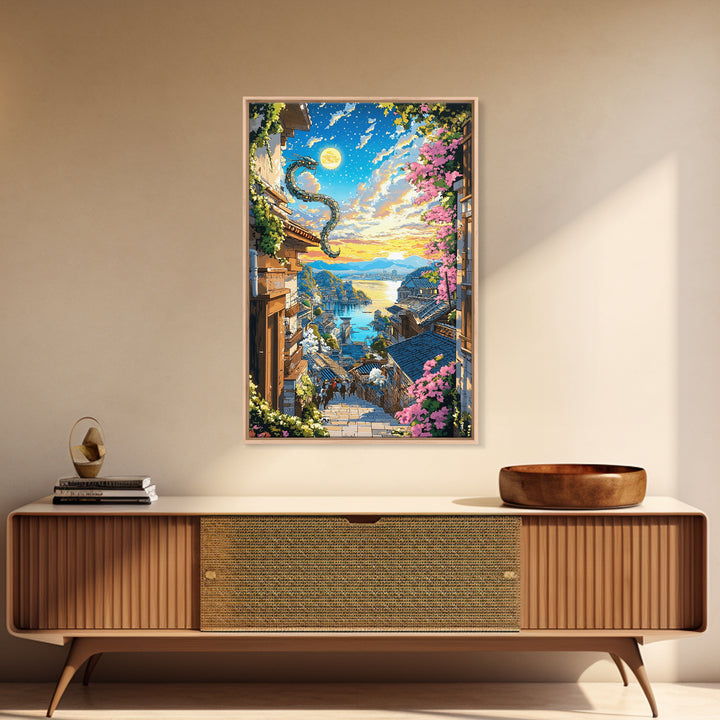 Dragon Over Sunlit Coastal Stairway Canvas Print, Japanese Village Wall Art, Cherry Blossom Decor, Fantasy Landscape Print