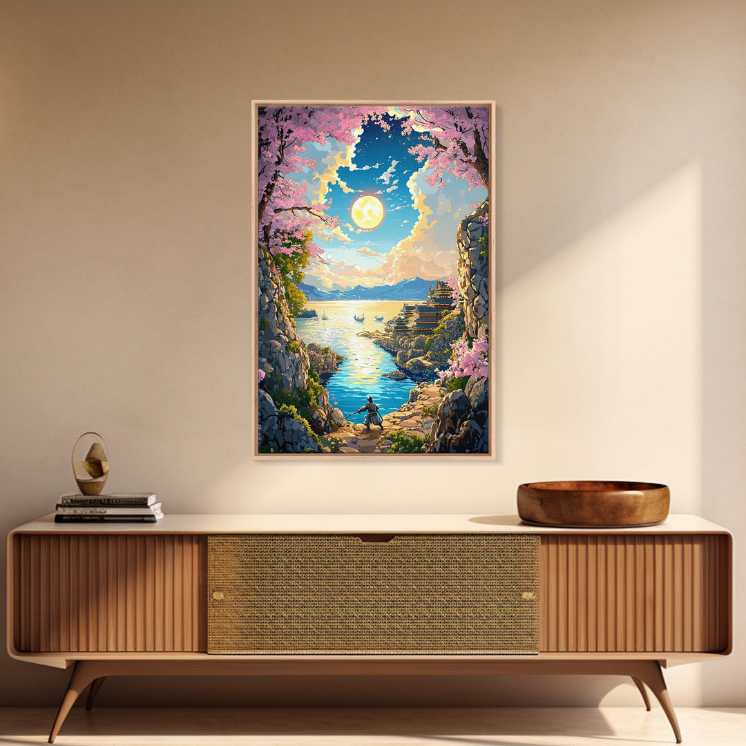 Moonlit Cherry Blossom Sea Cove Wall Art, Samurai Fantasy Landscape, Japanese Coastal Decor, Living Room Canvas Print, Home Decor