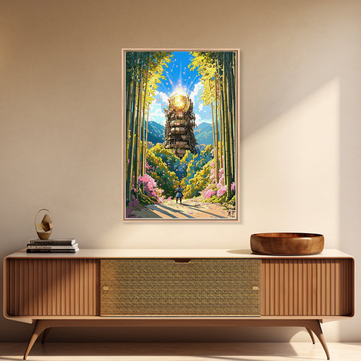 Glowing Samurai Tower In Bamboo Forest Wall Art, Japanese Fantasy Landscape, Asian Inspired Art Canvas Print, Living Room Decor